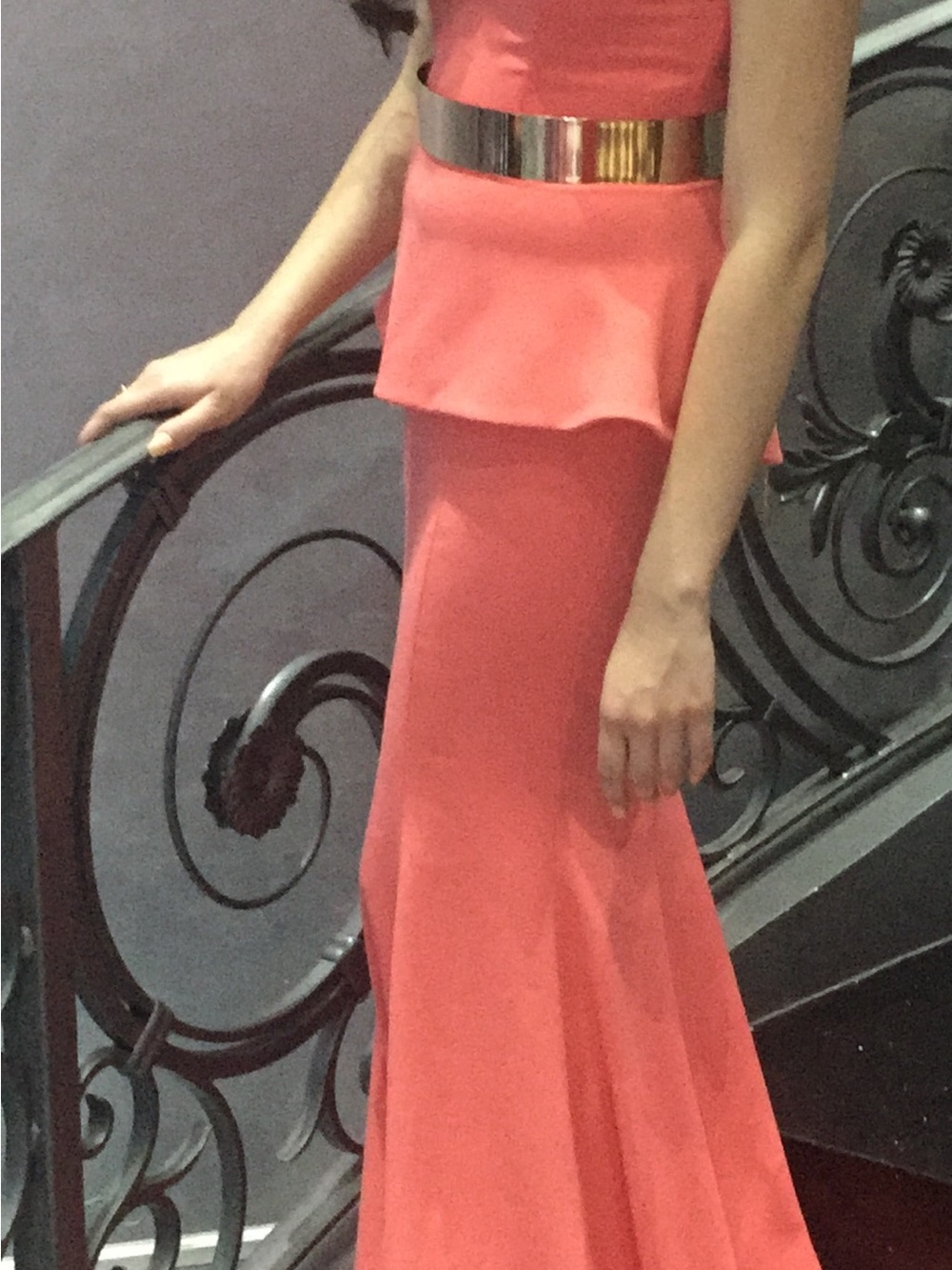 Nicole Bakti Coral Peplum Maxi Dress